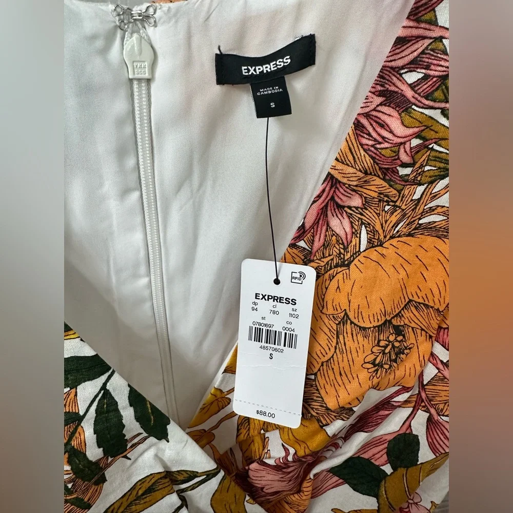 EXPRESS - Floral Linen-Blend V-Neck Tie Wrap Mini Sheath Dress - NWT SMALL - Picture 6 of 6